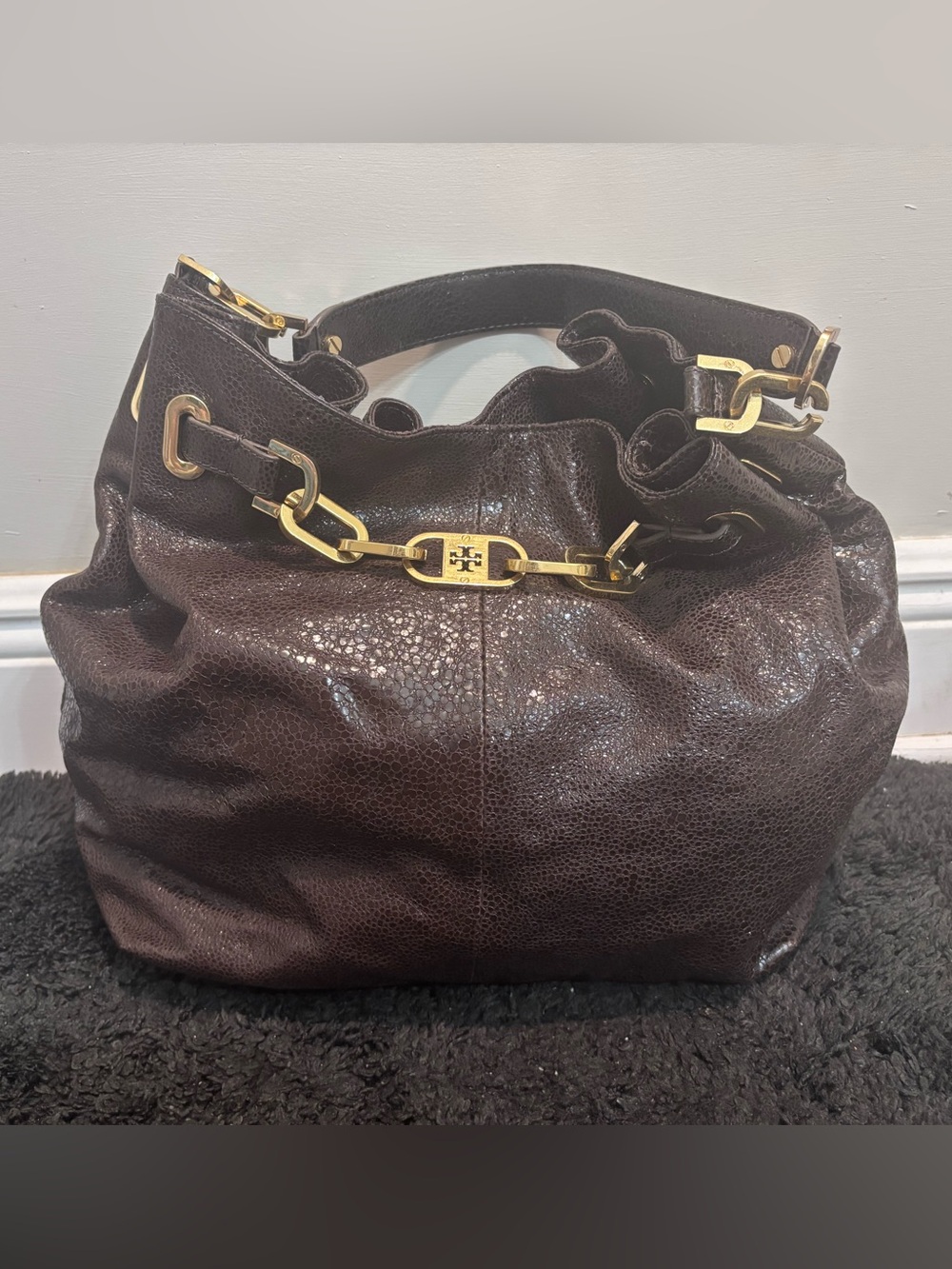 Tory Burch Natalya Large Slouchy Hobo Bag - Dark Brown/Bronze Crackle Leather